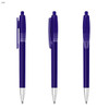 A transparent purple plastic pen with a silver tip and a visible clip. Features branding on the barrel.