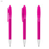 A pink plastic pen with a transparent barrel and a silver tip, featuring a clip and retractable mechanism.