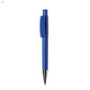 A blue plastic pen with a simple design and a clip. It features a shiny silver nib and has a branding logo.