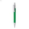 A green plastic pen with a silver clip and tip, featuring a branded logo.