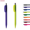 Two plastic pens in purple and green, alongside a variety of colourful pens in shades of blue, pink, orange, and black.