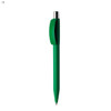 A green plastic pen with a silver clip and a smooth barrel design. It features a simple logo on the barrel.