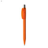 An orange plastic pen featuring a clear cap and a silver clip, with a logo present on the body.