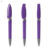 A purple plastic pen with a transparent barrel and a silver accent on the tip. The pen has a cap.