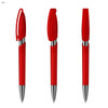 A set of three red plastic pens with a transparent body and silver accents, featuring a clip and cap.