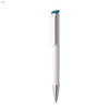 A white plastic pen with a teal accent and a silver tip, featuring a logo on its body.