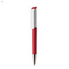A red plastic pen with a white clip and a silver nib, featuring a logo.