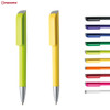 A collection of plastic pens in various vibrant colours, including green, yellow, and black, with a logo present.