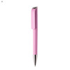 A pink plastic pen with a sleek design and a silver tip, featuring a clip and branding.