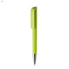 A bright green plastic pen with a silver clip and a sleek design, featuring a logo on its body.