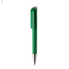 A green plastic pen with a metallic tip and a sleek design, featuring a branding logo.