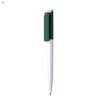 A plastic pen featuring a green clip and a white barrel, with a logo on its surface.