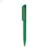 A green plastic pen with a sleek design and a pointed tip. It features a clip on the upper section.
