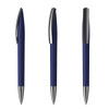 A set of navy blue plastic pens with metallic accents and a sleek design. Each pen is displayed from different angles.