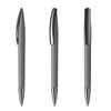 Three grey plastic pens with metallic tips and clips, featuring a sleek design and a logo on the barrel.