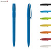 A blue plastic pen with a matching clip, alongside pens in various colours, including green, orange, and black.