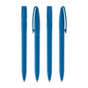 A collection of four blue plastic pens with clips, featuring a logo on each pen.