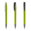 A green metal pen with a shiny silver tip and a clip, featuring a sleek design. Includes branding on the barrel.