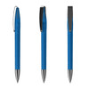 A blue metal pen with a sleek design, featuring a clip and silver detailing. The pen is displayed from multiple angles.