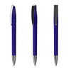 A metal pen in blue with silver accents, featuring a clip and a smooth design. The product has a logo.
