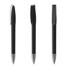 A sleek, black metal pen with a textured grip and clip, featuring a high gloss finish.