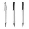 A sleek silver and white metal pen featuring a glossy finish and a clip, displayed from three angles.