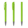 A metal pen in vibrant green with a gloss finish, featuring a clip and a sleek design. It includes branding.