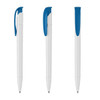 A set of white plastic pens with blue accents, featuring a sleek design and a logo on each pen.