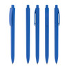 A set of five blue plastic pens displayed in various positions, featuring a simple design and a clip on each pen.