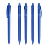 A set of five blue transparent plastic pens, featuring a clip and a visible ink reservoir.