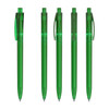 A set of five transparent green plastic pens with varying designs and clip styles, featuring a logo.