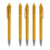 A set of transparent yellow plastic pens with silver tips, featuring a logo on the barrel.