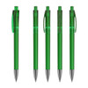 Five transparent green plastic pens with silver tips and clips, featuring a sleek design. Each pen has a cap.