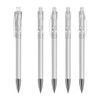 Five transparent plastic pens with grey tips, featuring clear barrels and caps. They also have a logo.