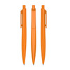 Three orange plastic pens positioned at different angles, showcasing their smooth, sleek design.