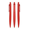 A set of three red plastic pens, featuring a sleek design and clip for convenience.，各自呈现不同的角度.
