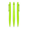 Three bright green plastic pens displayed from different angles. The pens feature a clip and smooth body design.