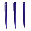 A collection of three transparent purple plastic pens with clips and sleek designs. Each has a distinct angle.