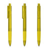 A set of transparent yellow plastic pens with click mechanisms and clips. Each pen is positioned differently for display.