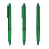 Three green transparent plastic pens arranged in a row, featuring a clip and a visible ink reservoir.