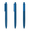 A set of three blue plastic pens with a soft-touch finish and a clip for easy attachment. Each pen has a branding logo.