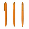 Three orange plastic pens with transparent accents, featuring a clip and a smooth barrel design.