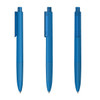 A blue plastic pen with a soft-touch finish, featuring a clip and a clear section. It has branding.