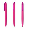 A set of three pink plastic pens with transparent caps. Each pen features a clip and has a logo.