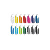 A collection of plastic pens in various colours including blue, green, red, and black, featuring a logo on each pen.