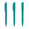 A set of transparent teal plastic pens, featuring a click mechanism and a clip. The pens have a smooth finish.