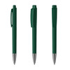 A green metal pen with a high gloss finish, featuring a clip and a smooth barrel design.