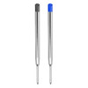 Two metal Parker type refills in silver, one with a black tip and one with a blue tip, each featuring a branding logo.