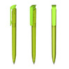 A transparent high gloss green plastic pen with a distinctive clip and sleek design.
