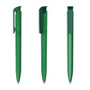 A green plastic pen with a high gloss finish, featuring a clip and a sleek design, is shown from three angles.